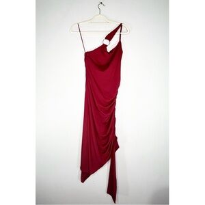 Nicholas One Shoulder Ribbed Cutout Ruched Asymmetrical Midi Dress Maroon Wine